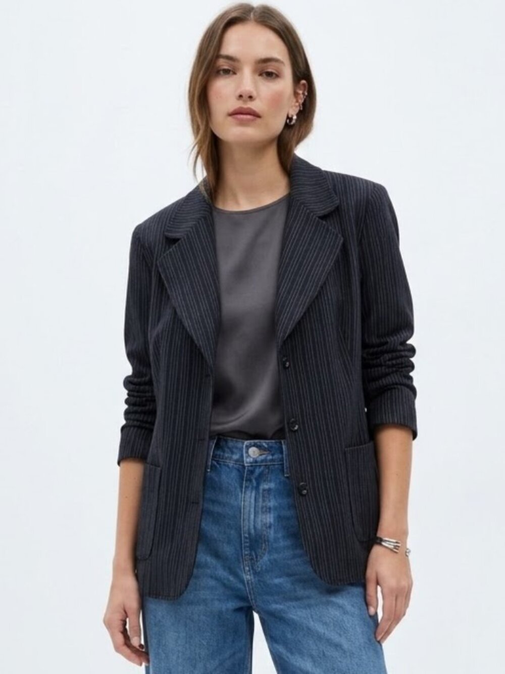 Merona Blazer Black Pinstripes Casual Grunge Academia L